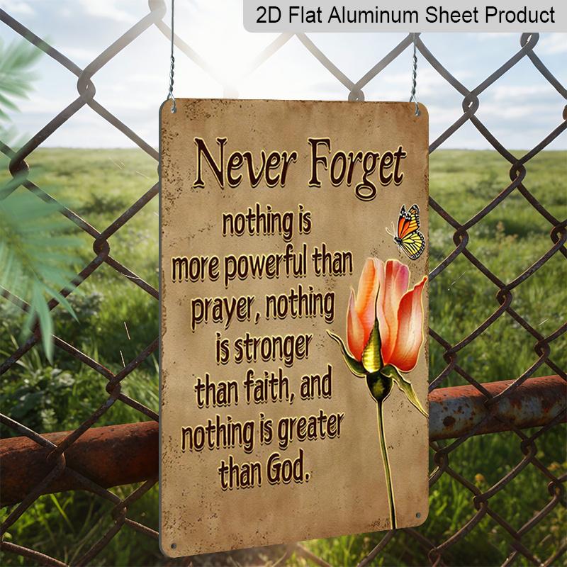 2D Flat, 1pc "Never Forget Prayer Faith God" Aluminium Metal Wall Decor Sign - 8"x12" Religious Inspirational Decor, Rose & Butterfly Wall Art