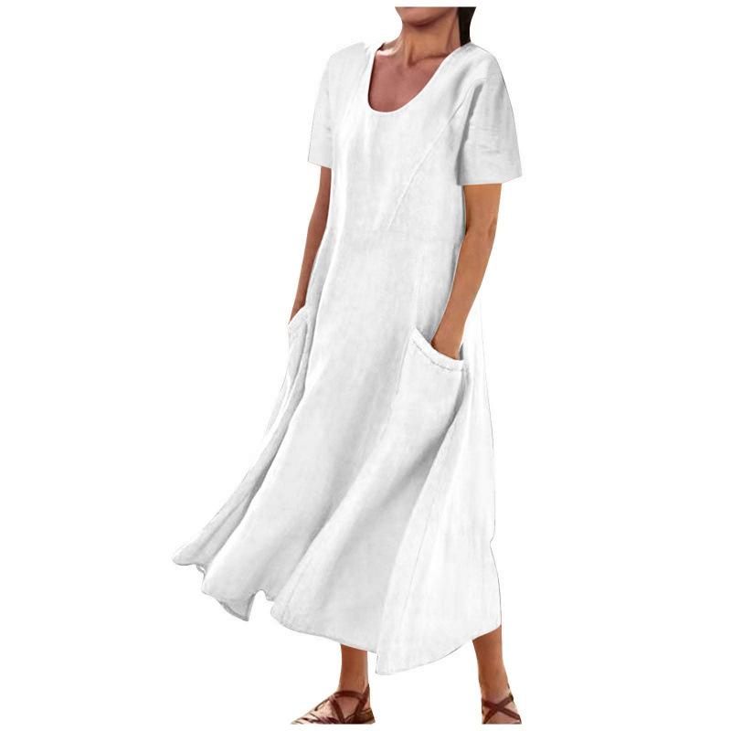 Women's Solid Color Round Neck Short Sleeve Loose Hem Dress