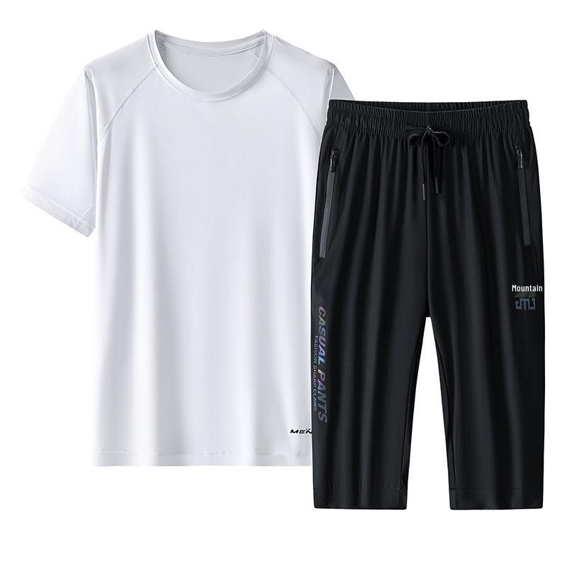 Men's Quick-Dry Ice Silk Summer Suit - Short Sleeve Top & Multi-Length Sports Pants