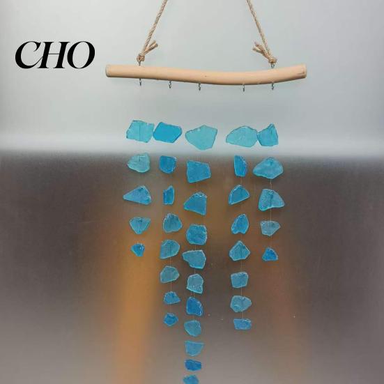 Colorful Glass Wind Chime Sea Chime, Handmade Driftwood Coastal Gift Hanging for Home Beach House Window Decor Unique Art