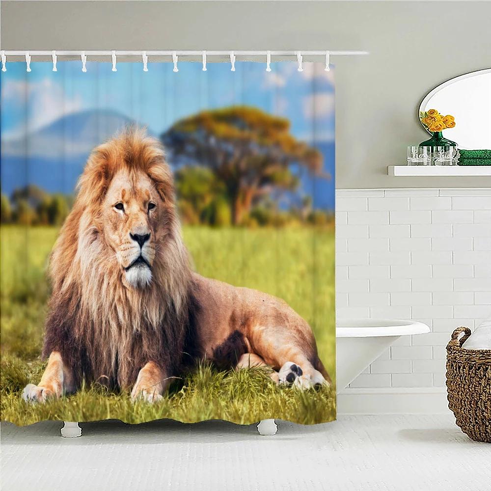 Lion Pattern 3D Printing Shower Curtains Home Decor Multi-size Grey Shower Curtain Animal Waterproof Bath Screen for Bathroom