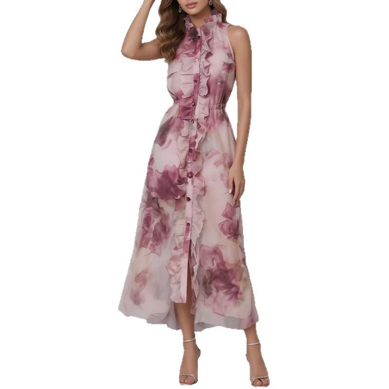 Spring New, Fashionable and Elegant Printed Wooden Ear Edge Sleeveless Dress