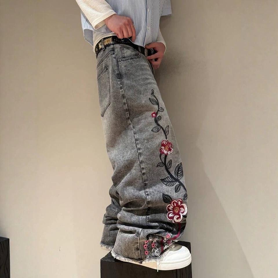 European and American Street Gothic Embroidered Jeans K Men's and Women's Retro Fashion Straight Denim Trousers