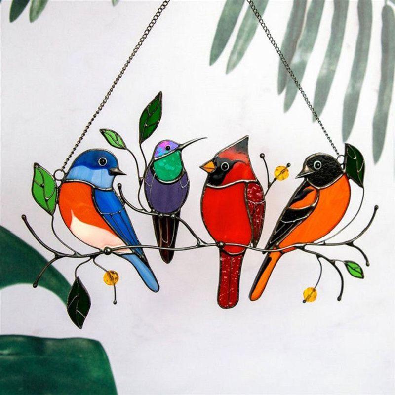Vibrant Stained Glass Birds-on-a-wire Suncatcher For Happy Homes