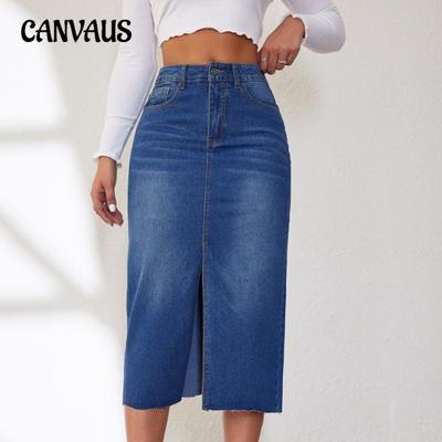 Women's Denim Skirt Vintage Stretchless Half Denim Skirt Mid-Length Split Half Skirt