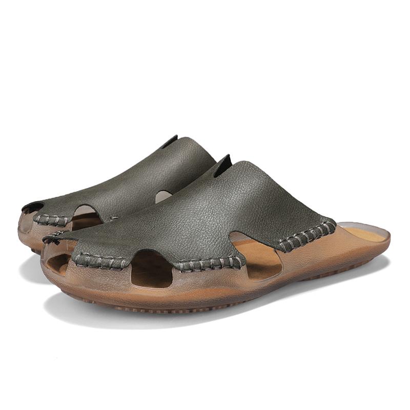 Fashion Men's Big Size Handmade Premium Leather Closed-Toe Sandals Summer Breathable Comfortable Flats Outdoor Daily Slippers Male Shoes