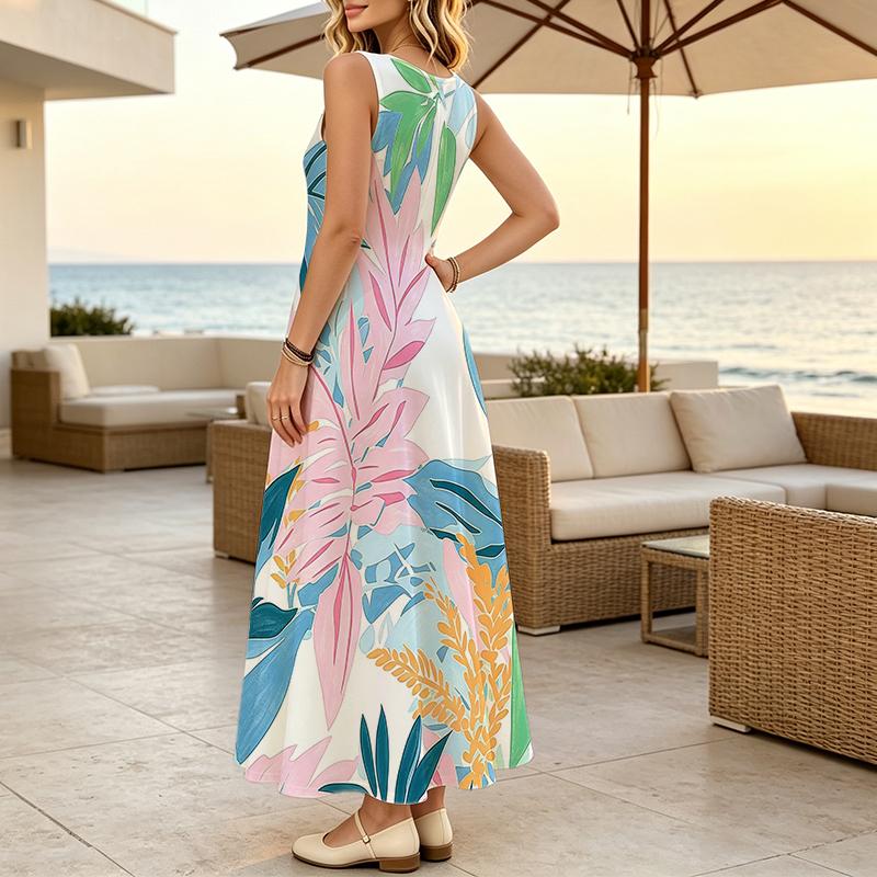 Tropical Plant Collection Flattering Sleeveless Floor-Length Maxi Dress Lightweight,Flowy Skirt,Vivid Colors Versatile for Daily Casual & Vacation