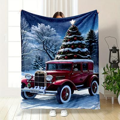 Vintage Car Christmas Tree Winter Bedroom Blanket for Livingroom Couch Lunch Break Soft Throw for Friend's Festival Gift