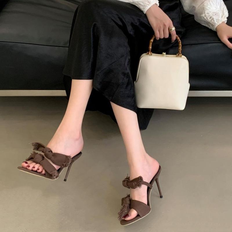 Fashion Denim Butterfly-knot Design Brand Slippers Women Fashion Pointed Toe Thin Heel Slide Sandals Elegant Party Dress Zapatos Mujer