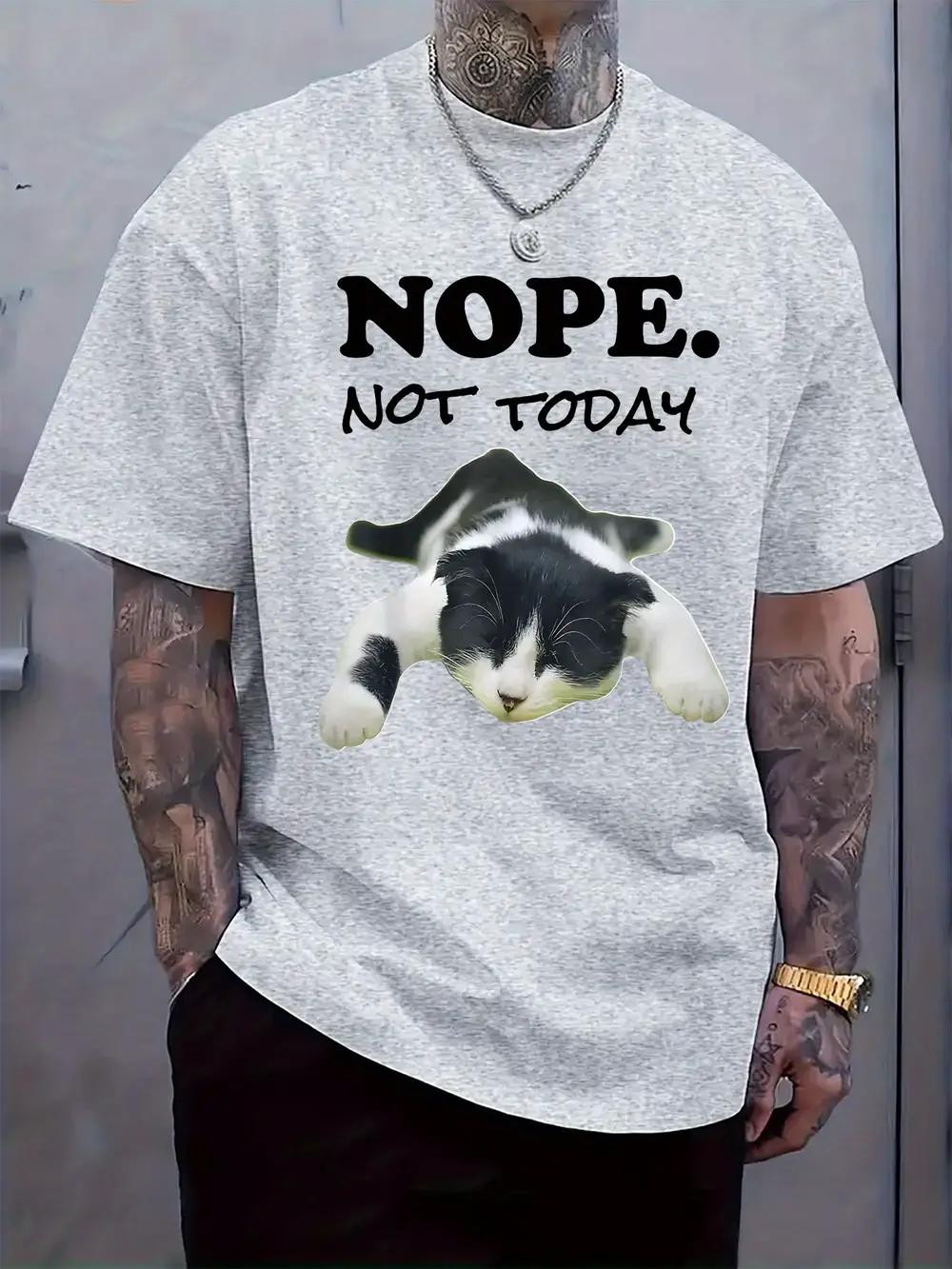 Casual Crew Neck T-shirt with NOPE NOT TODAY Cat Print L