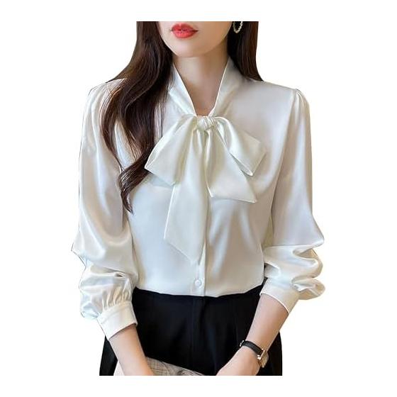 [Lalapala] Women s Shirt, Blouse, Long Sleeve, Chiffon Ribbon Blouse, Bowtie Blouse, Refreshing Top, Stylish, Large Size, Bowtie, Ribbon Blouse,