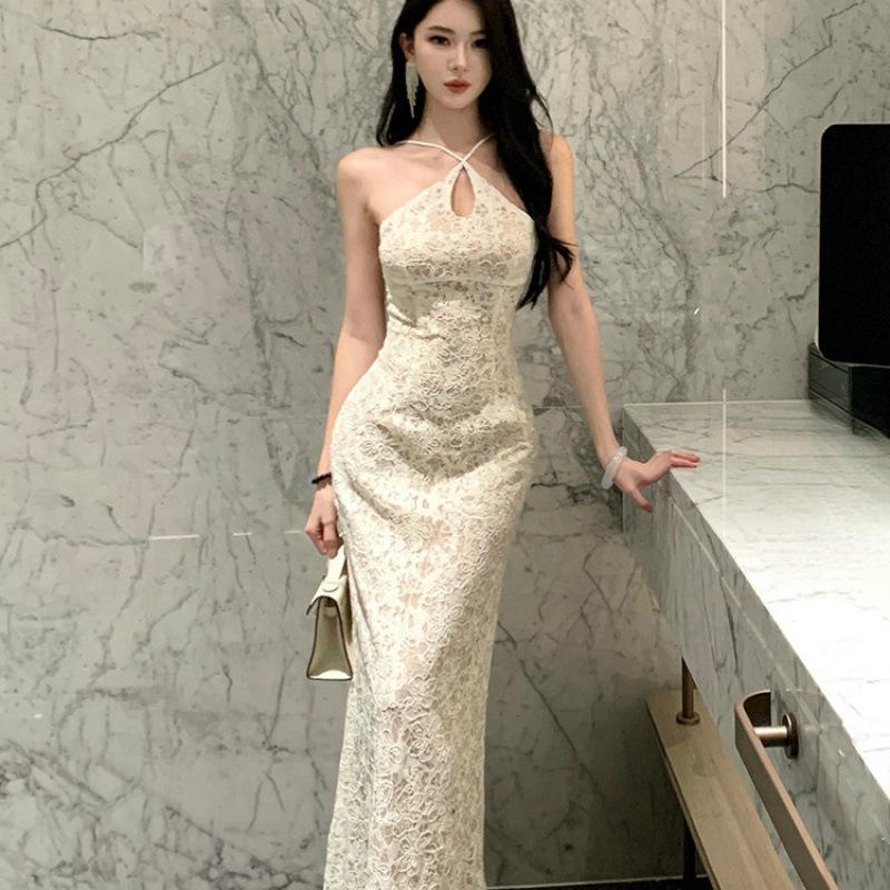 Кружевное платье-русалка с тяжелой промышленной отделкой, легкое платье, длинное платье, французское королевское платье-комбинация на бретелях с акцентом на талию S абрикосовый