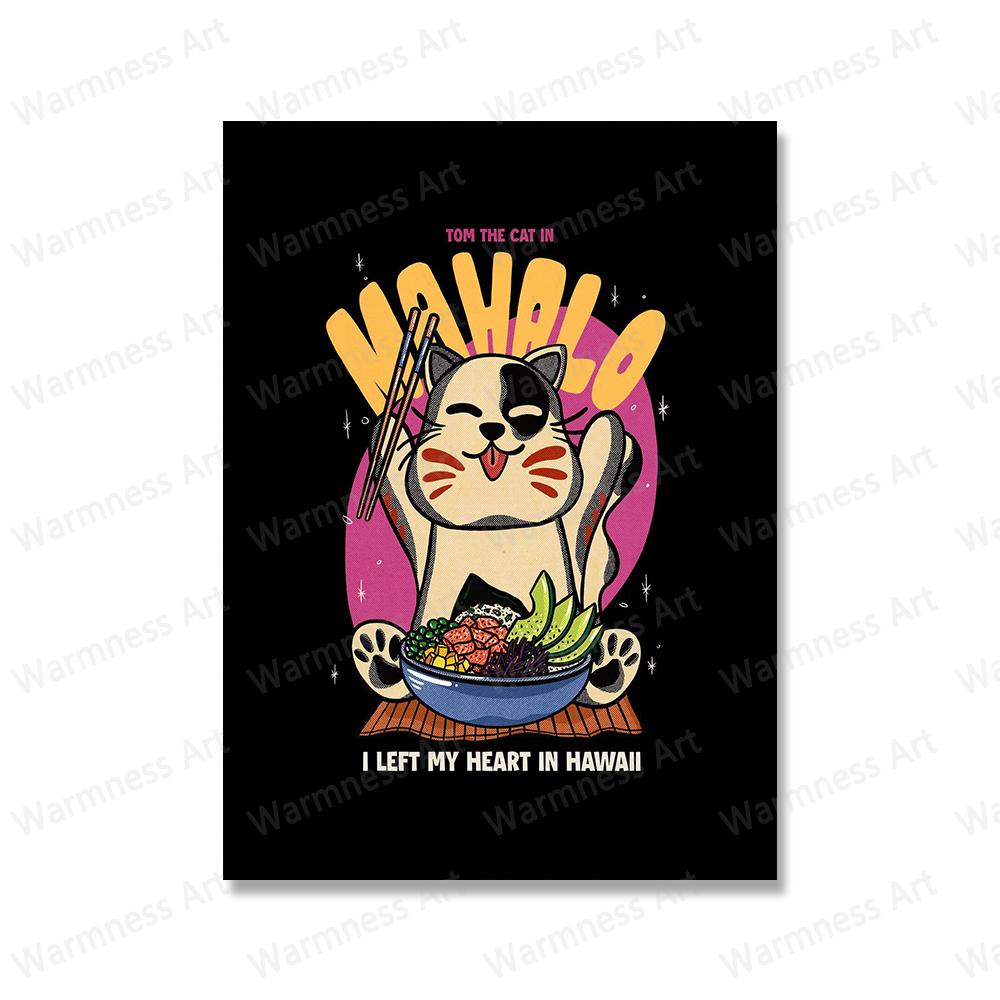 Wall Art Pictures For Living Room Kitchen Nursery Home Decor Cartoon Cat Eat Japanese Foods Posters And Prints Canvas Painting