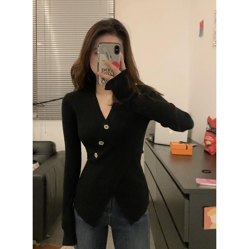 

Irregular pure desire and thin, collar sweater crossed waist slim-fitting split-ended pullover knitted long-sleeved inner top average size [recommended 80-60kg] чёрный