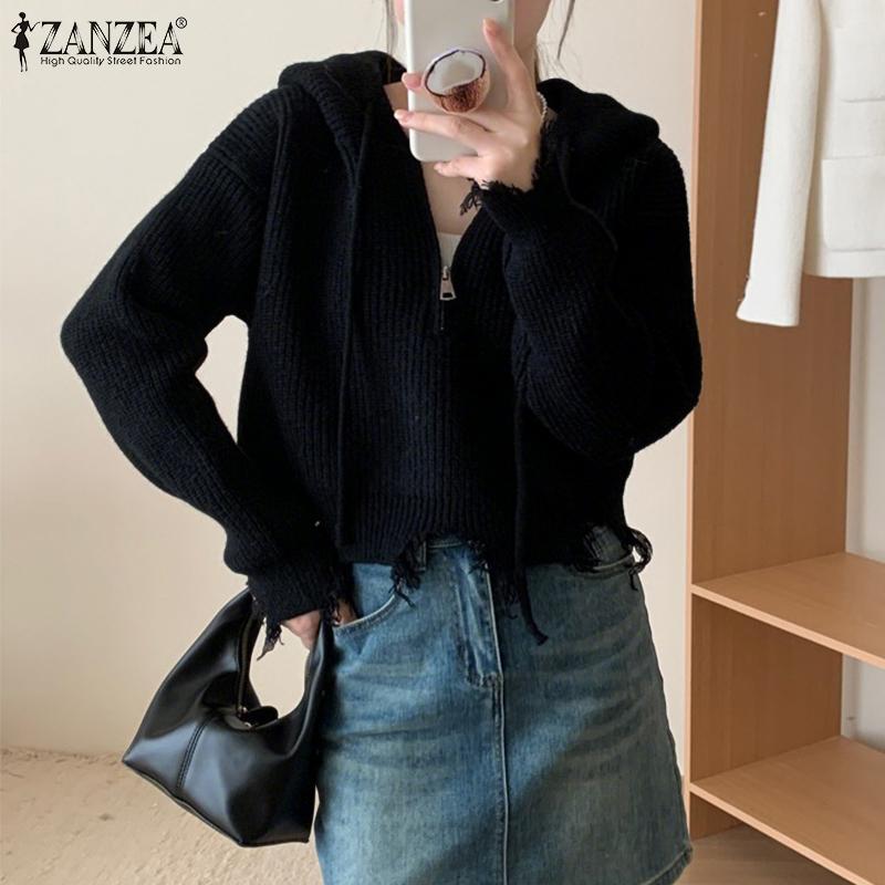 ZANZEA Autumn Women Long Sleeve Zip-up Rib Knitted Irregular Hooded Sweaters