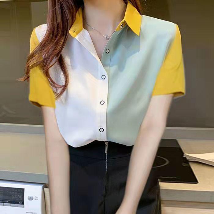 Women's Color Block Long Sleeve Chiffon Blouse - Korean Style, Spring/Autumn Versatile Loose Top