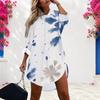 Women Plus Size Collared Long Sleeve Printed Button Front Curved Hem Shirt Dress