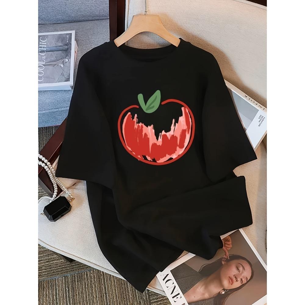 Damen Freizeit T-Shirt mit kurzen Ärmeln und künstlerischem Aquarell-Apfel-Print Weiß mit rotem Design Harajuku Kurzarm