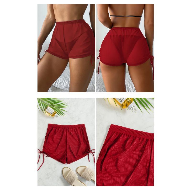 Women S Solid Color Sheer Mesh Drawstring Beach Bikini Shorts