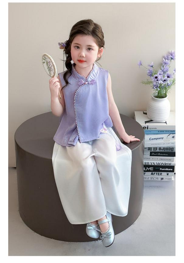 2026 Girls' Chinese Style Fairy Summer Two-Piece Set with Frog Button
