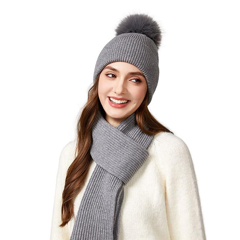 Autumn Winter Knitted Hat Scarf Two-Piece Set Women's Velvet Wool Hat Warm Pullover Hat Long Scarf Set