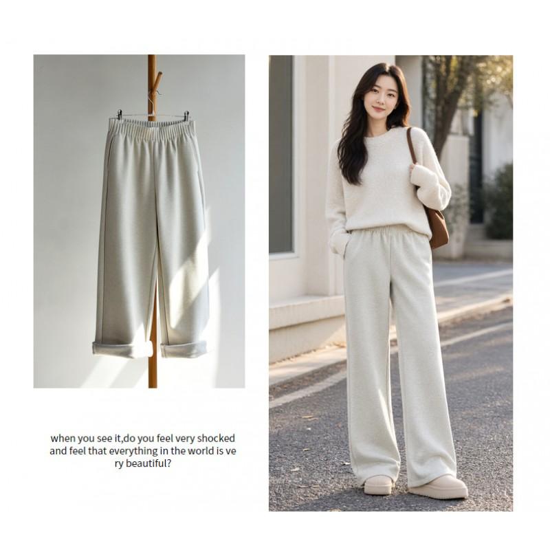 Womens Winter Warm Wide Leg Pants High Waist Thick Pleated Trousers Casual Loose Fit Elastic