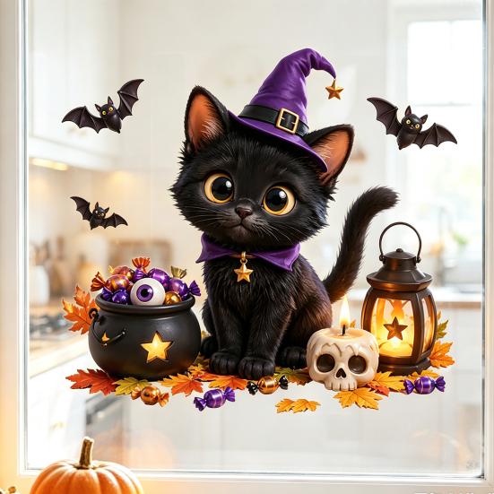 Decorative Glass Film Halloween Static Window Clings, Witch Black Cat Stickers, Reusable No Glue Indoor Ornament Stickers for Shop Store Home