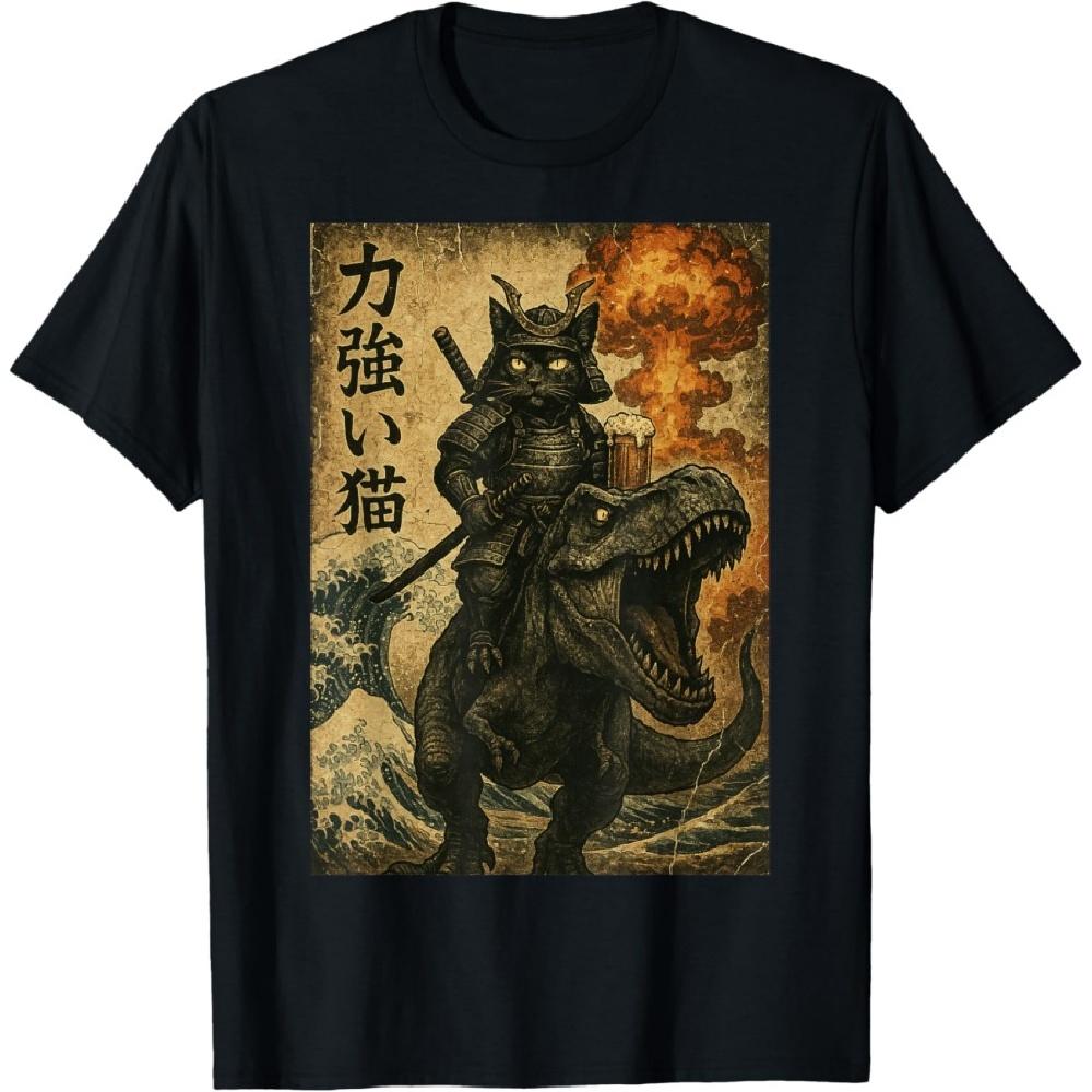 Black cat Samurai Dinosaur sea Wave T-Shirt S