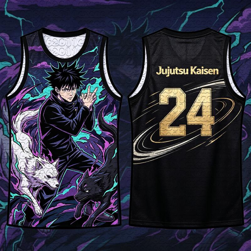 Unisex Zomer Sneldrogend Mesh Basketbal Mouwloos Vest Anime Jujutsu Kaisen Megumi Fushiguro Twin Wolf Thunder Kunstprint Top XL blue