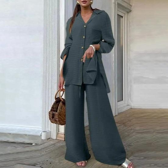 2 Pcs/Set Women Shirt Pants Set Solid Color Turn-down Collar Long Sleeve Mid Top Wide Leg Elastic Waist Loose