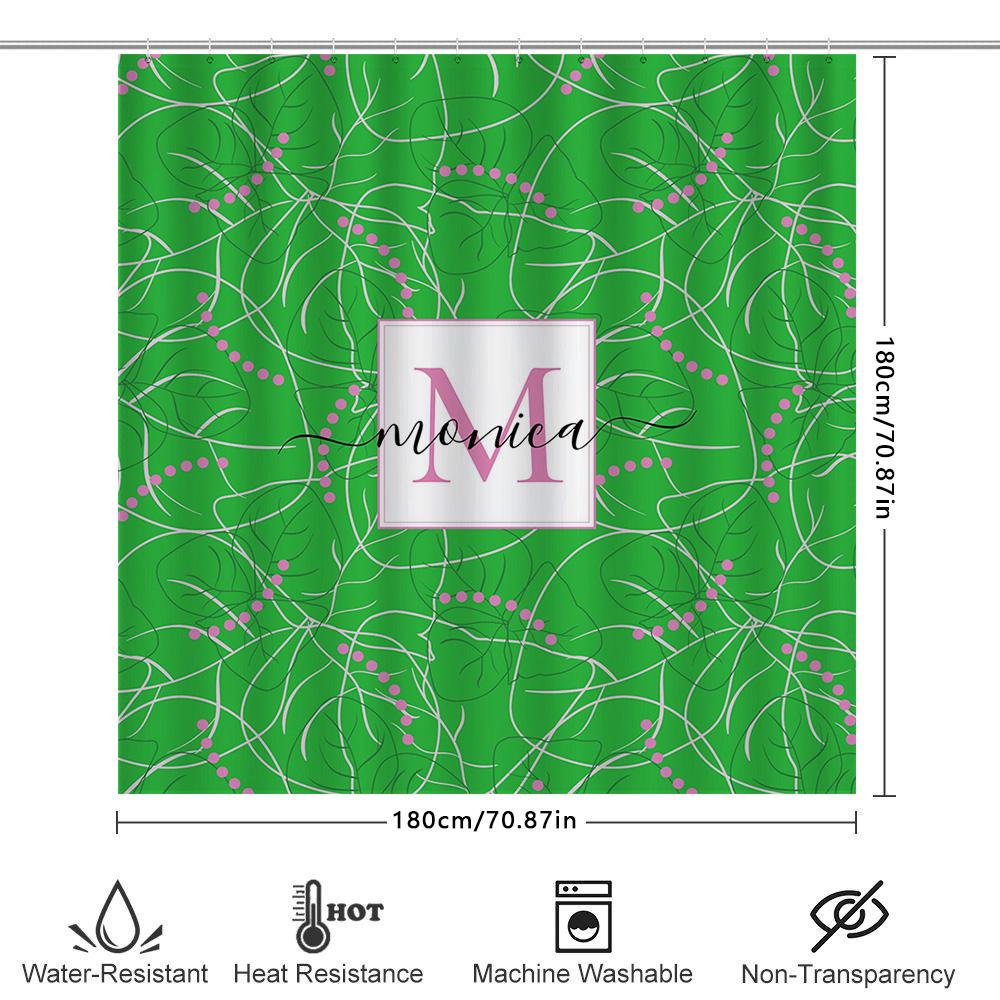 Custom Monogrammed Shower Curtain Set For Bathroom Decor Green Floral Print With Pink Accents, Custom Initials Disp