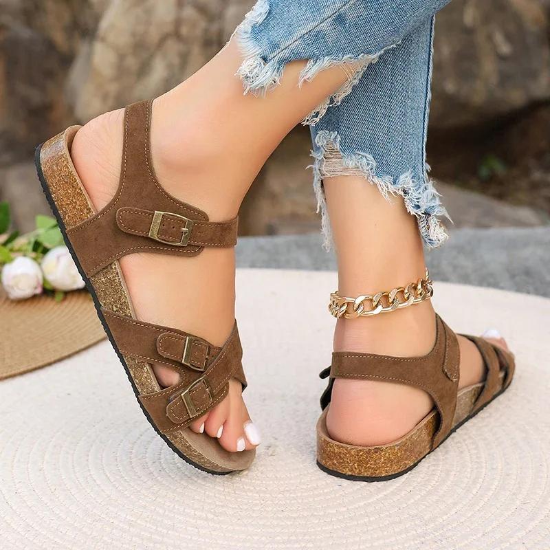 Fashion Retro Buckle Strap Cork Sandals Women 2025 Summer Cross Strap Flat Sandals Woman Brand Design Comfortable Non Slip Beach Shoes
