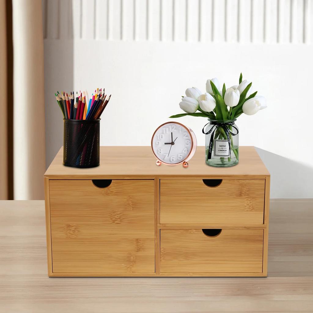 Bamboo Drawer Box, Bamboo Desk Organiser W|Drawers, Mini Chest of Drawers, Wooden Organiser for Home, Office, Kitchen, Bathroom
