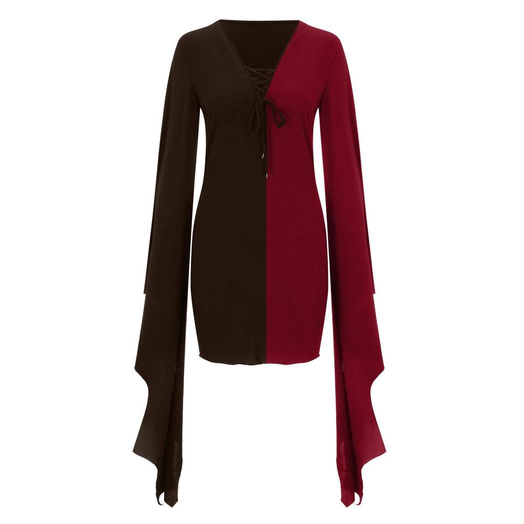 Moda Donna Gotico Punk Patchwork Colore Abiti con Maniche Larghe e Spalline