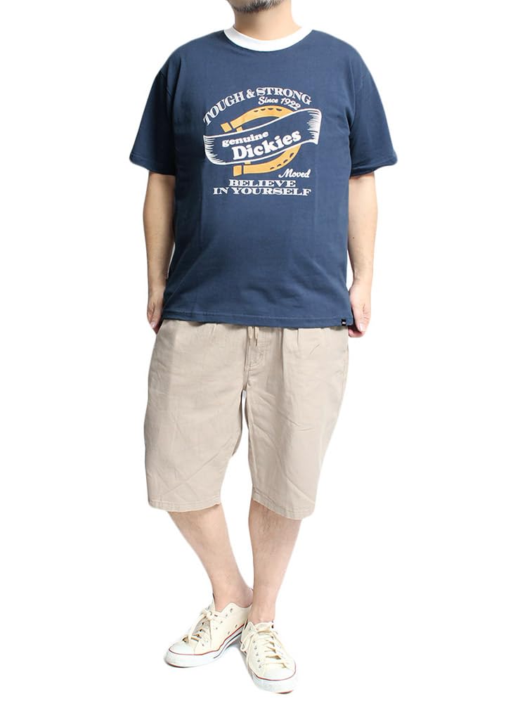 GENUINE DICKIES Men's Short Sleeve T-Shirt with Border Ringer Logo Print, Crew Neck, Size 2L, Blue (65)