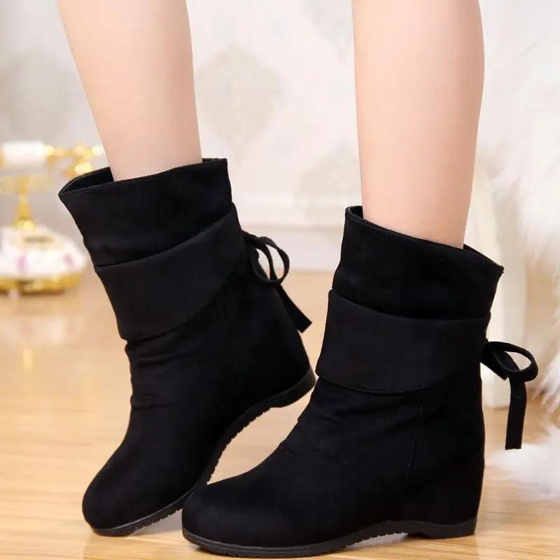 Fashion Wedge Heel Solid Color Round Toe Mid Calf Shoes Woman Sale 2024 New Large Size Warm On Offer Fashion Half High Boots for Women