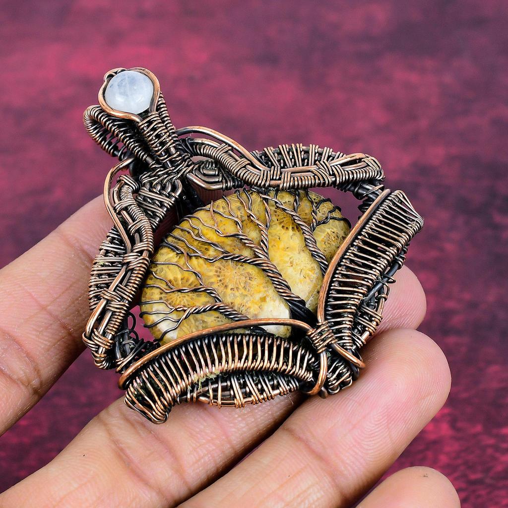 Lebensbaum Fossil Koralle Anhänger Kupferdraht umwickelt Regenbogen Mondstein Schmuck