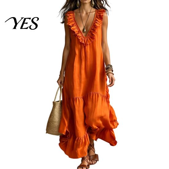 Versatile Daily Wear Dress Women's Deep V Neck Ruffle Trim Maxi Dress, Sleeveless Loose Lightweight Polyester Flowy Beach Sundress, Summer Casual