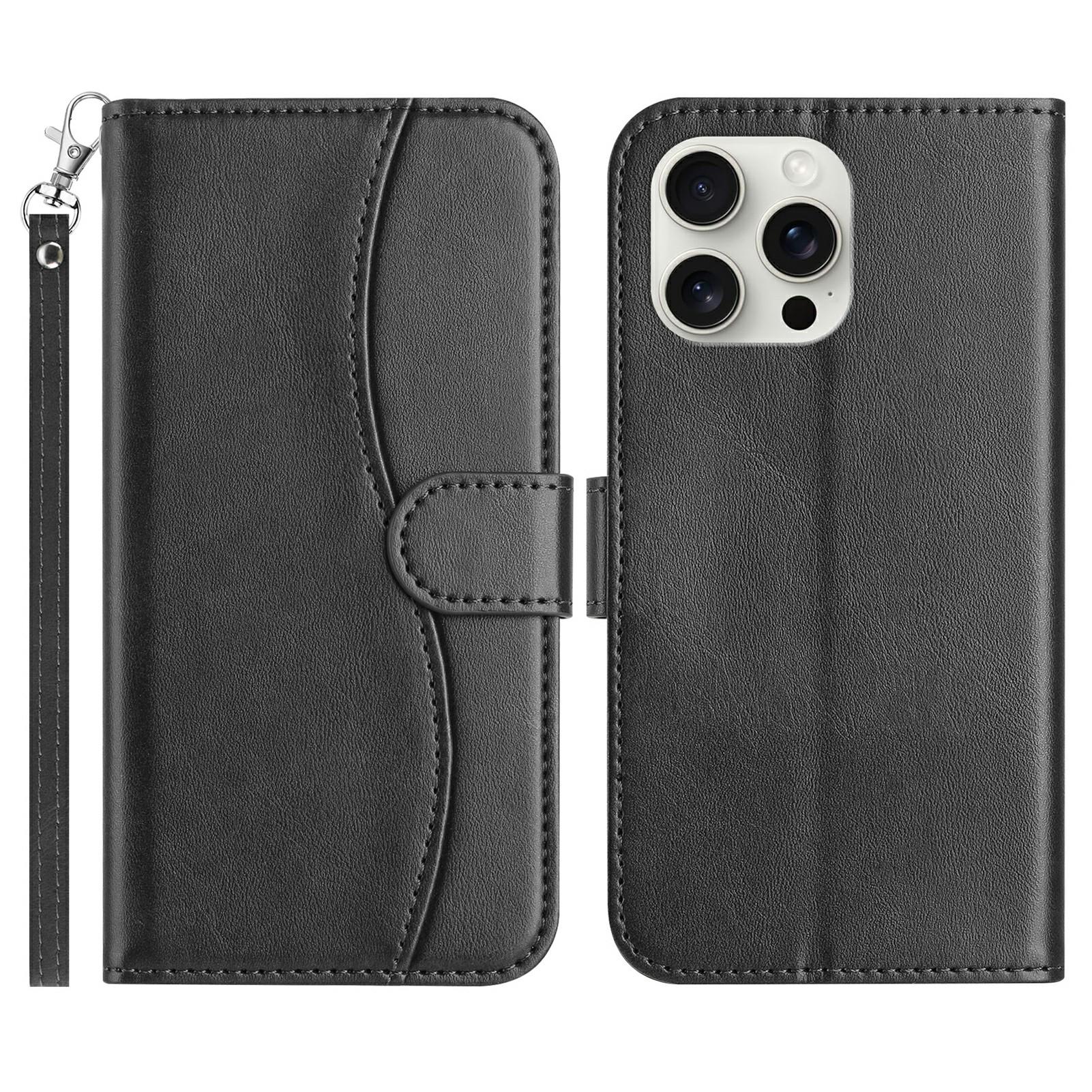 

For iPhone 15 Pro Max Stand Case with Strap PU Leather Wallet Phone Cover S Shape Stitching Design Black