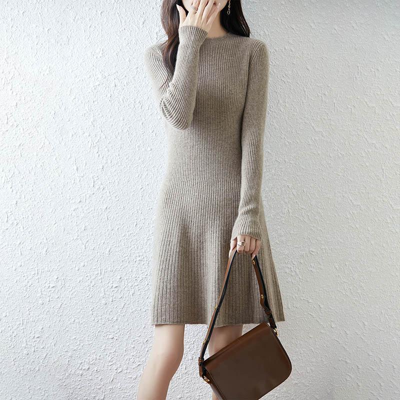 Women Sweater Dress 100% Wool TIDENOVEL O-neck Knit Long Pullover Winter Jumpers Wool Long Dress Female