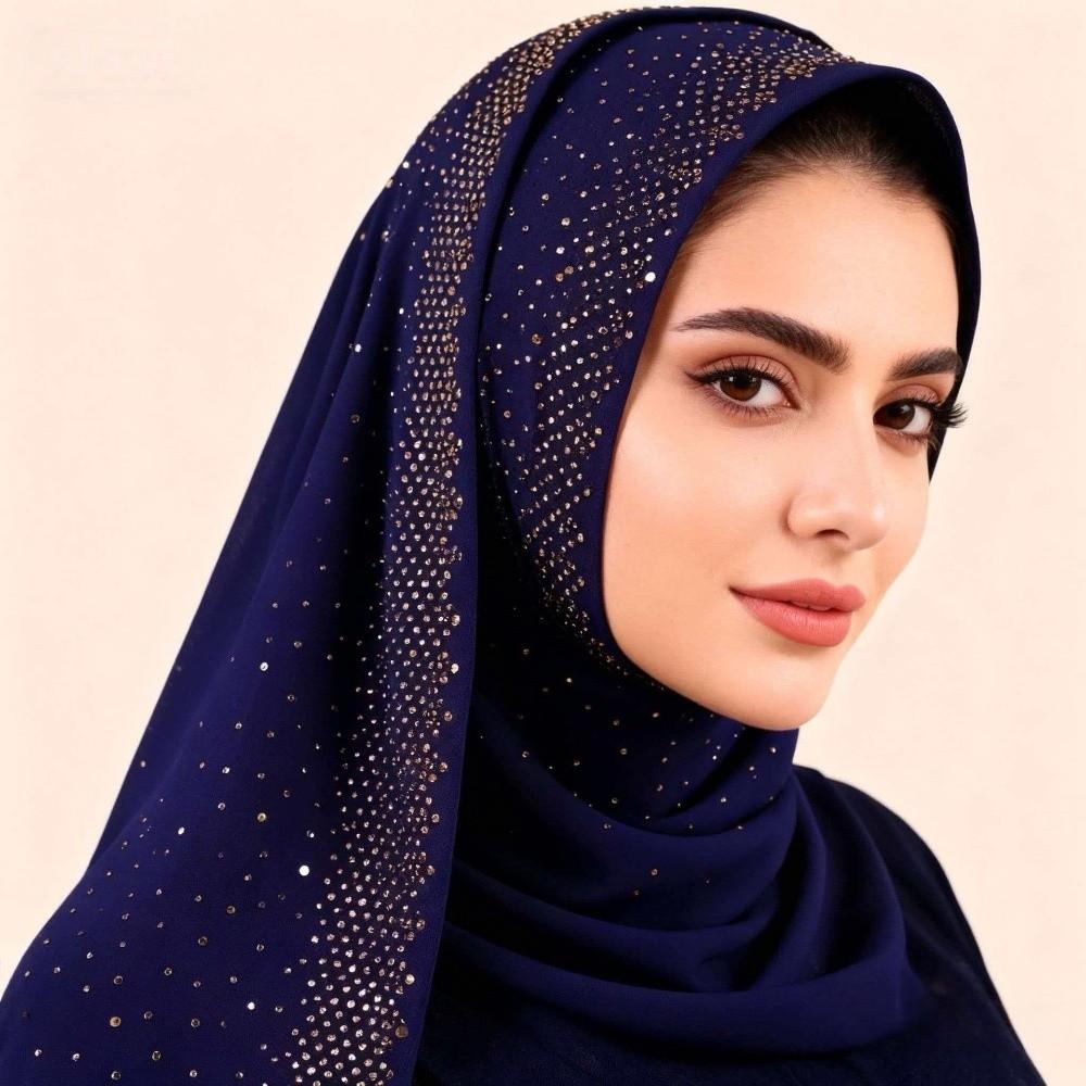 Shiny Full Cover Rhinestone Chiffon Scarf Breathable Soft Prayer Hijab Elegant Solid Color Crinkle Shawl Ethnic Style