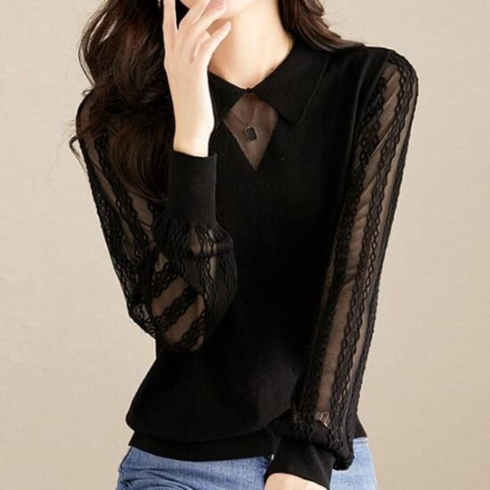 Navava Women Lovely Lace Collar Long Sleeve Knit Tee Nk2745