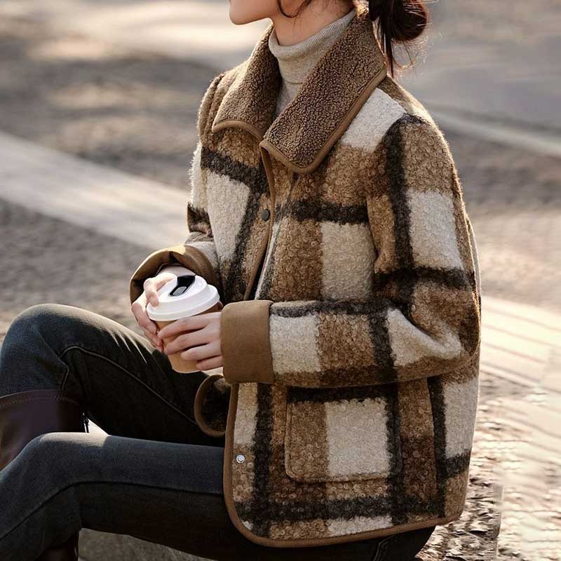 Coat for Women Winter Vintage Plaid Thickened Casual Oversize Double Layer Windbreaker Jacket