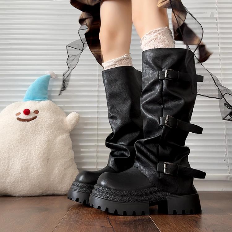 Bottines moyennes à semelles épaisses plissées à boucle de ceinture pour enfants automne 2025 nouvelles populaires pantalon bottes western bottes tendance ins