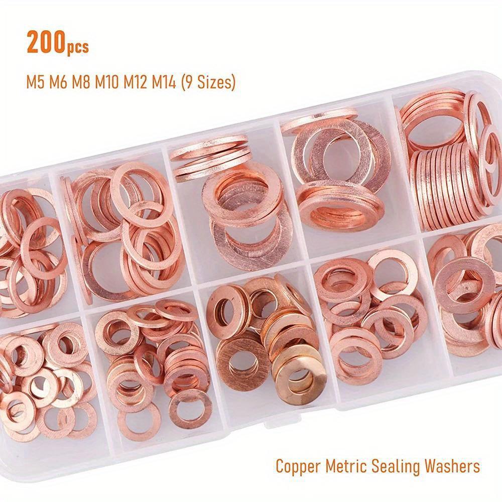 200Pcs Copper Washer Gasket Nut and Bolt Set Flat Ring Seal Assortment Kit with Box M5-M14 for Sump Plugs