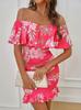 Summer New Floral Print One-word Shoulder Hip Dress Tropical Vacation Elegant Dress