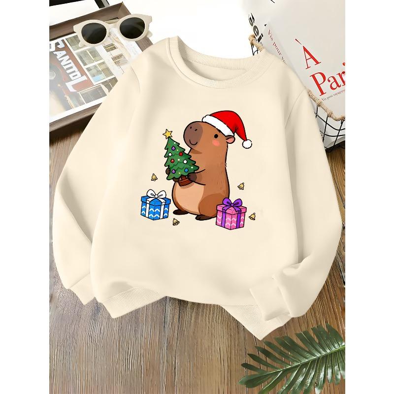 Kids Unisex Crewneck Sweatshirt, Cute Christmas Capybara Santa Hat Xmas Tree Gift Bell Print Soft Long Sleeve Pullover For Boys Girls Over 4 Years Old