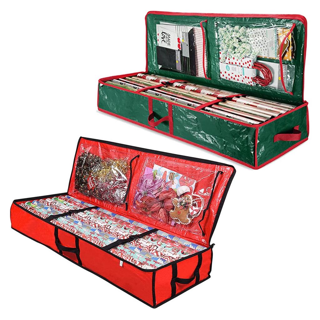 Christmas wrapping paper storage box gift packaging organizer under bed storage bag with elastic partition and pocket durable fabric material gift