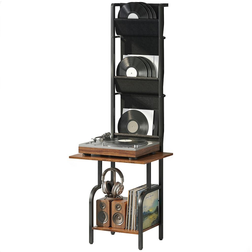 Vinyl Record Player Stand Record Storage with Player Stand Oxford Fabric Pockets Bottom Shelf Rustic Brown and Black