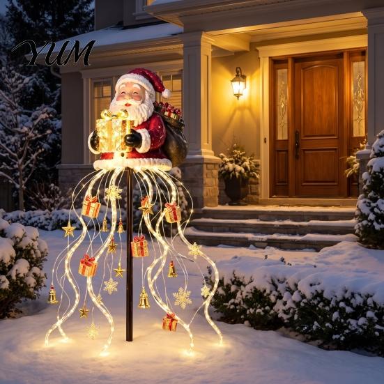 Decorative Porch Holiday Lighting Solar Santa Claus Christmas Garden Light, LED Holding Gift Box Yard Stake Weather Resistant Lawn Decor with